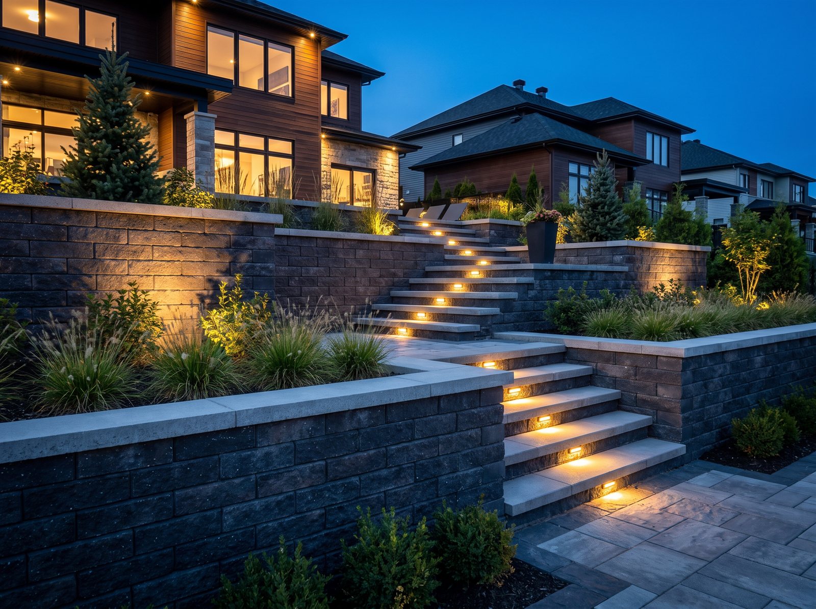 Retaining wall with integrated steps and landing in Aylmer