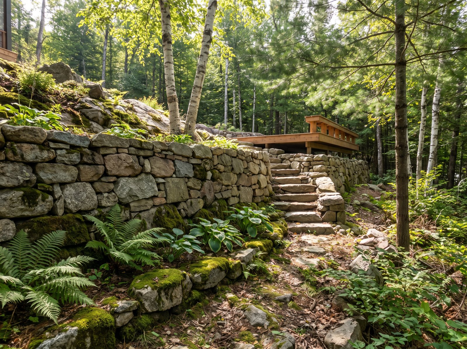 Natural stone waterfront retaining wall in Aylmer