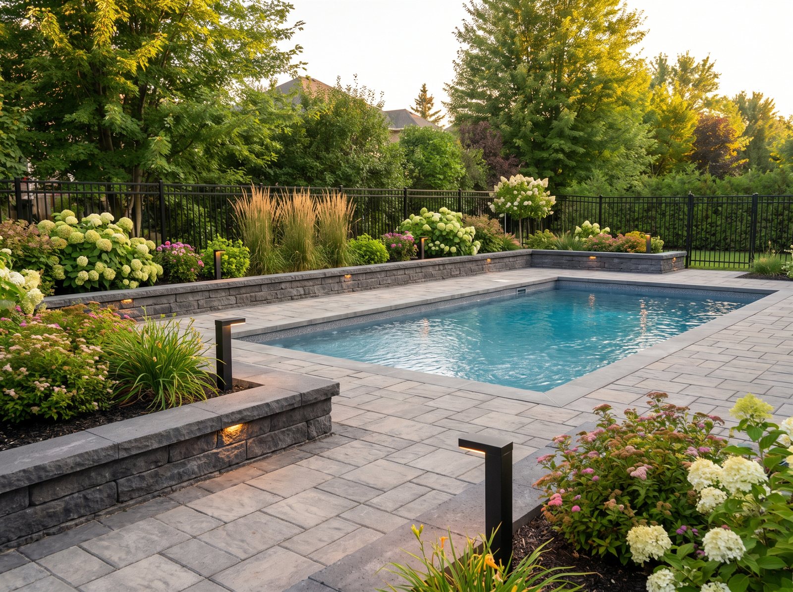 Complete landscaping around an inground pool in Cantley