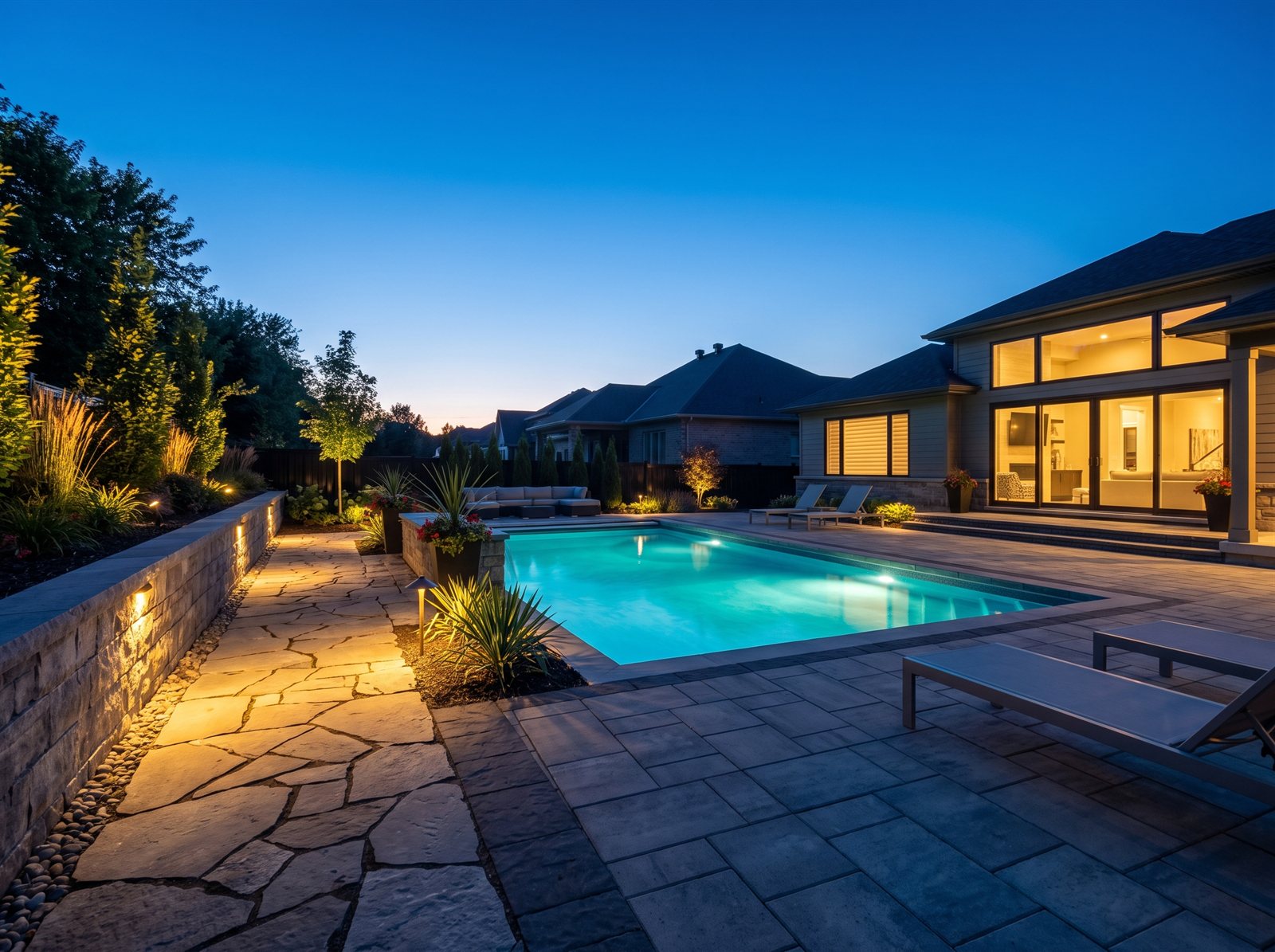 Pool with landscape lighting in Cantley