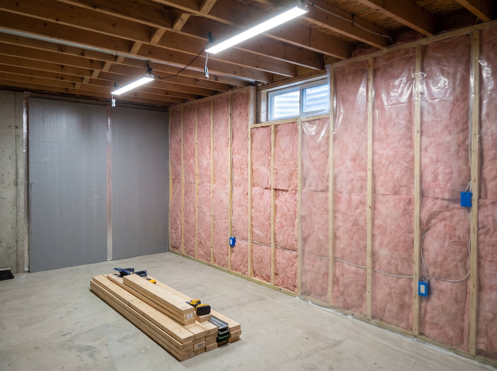 Rigid foam, batt insulation and vapour barrier in a basement renovation in Chelsea
